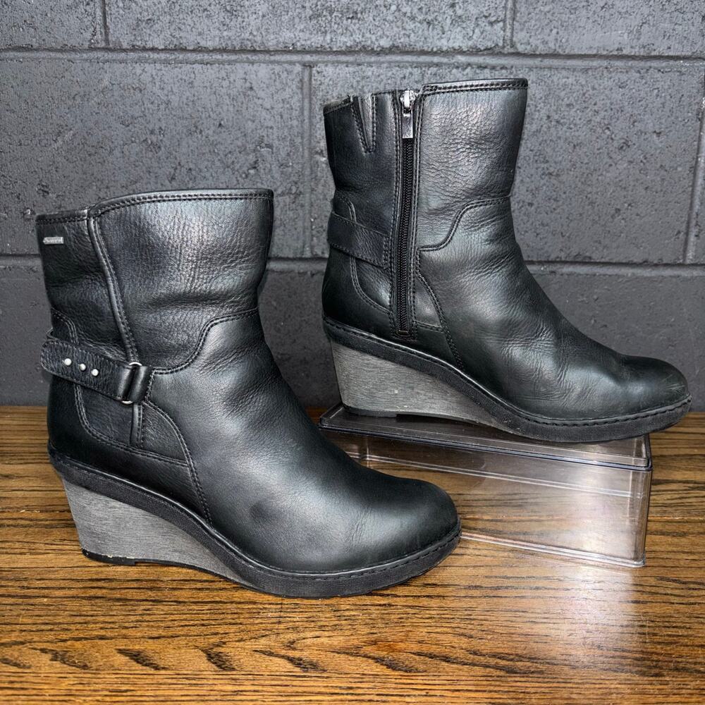 Clarks Natira Kit GTX Black Leather Wedge Boots Size 10 Waterproof